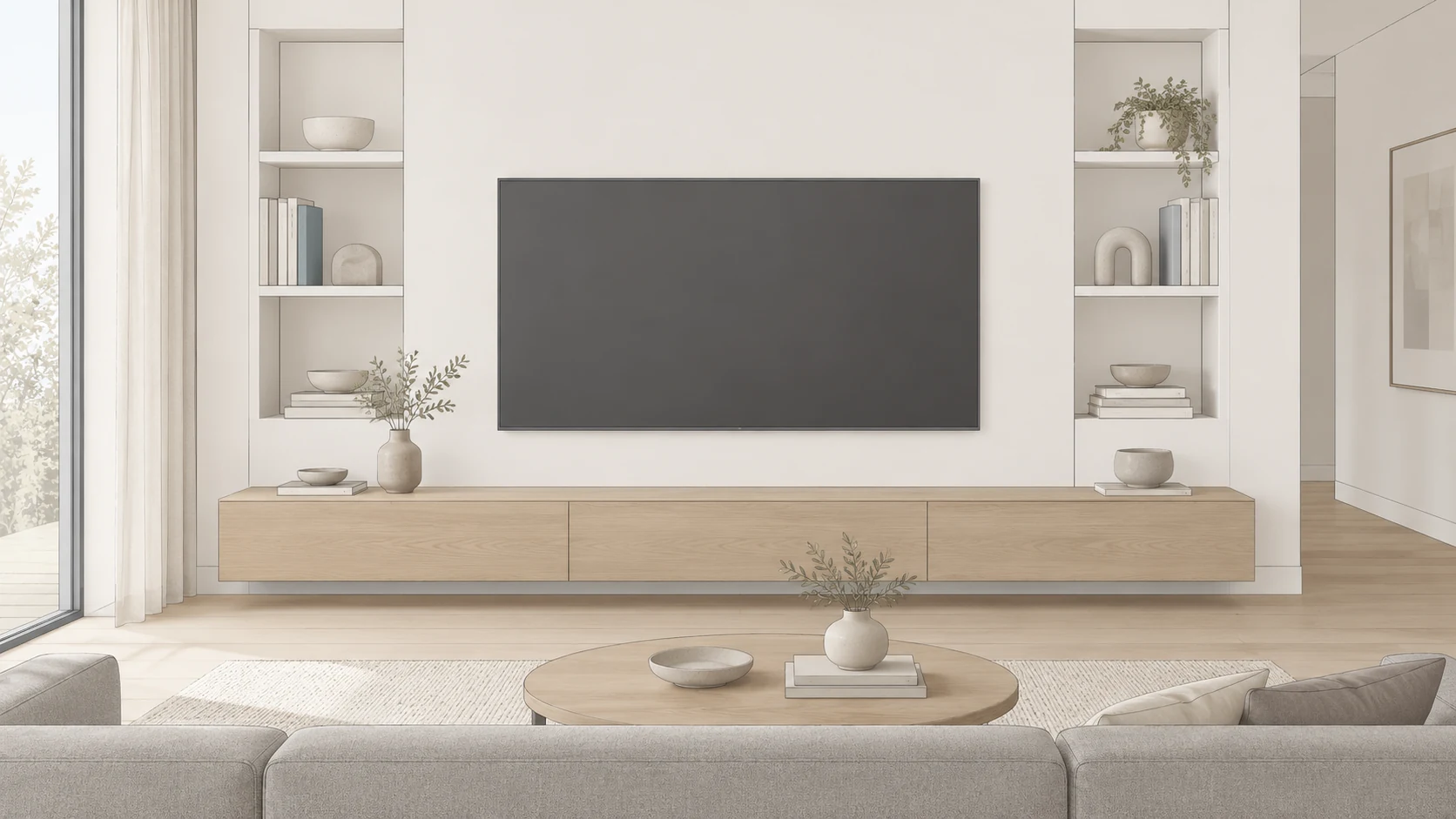 Area TV lebih rapi dengan kabel tersembunyi dan tinggi layar yang nyaman.