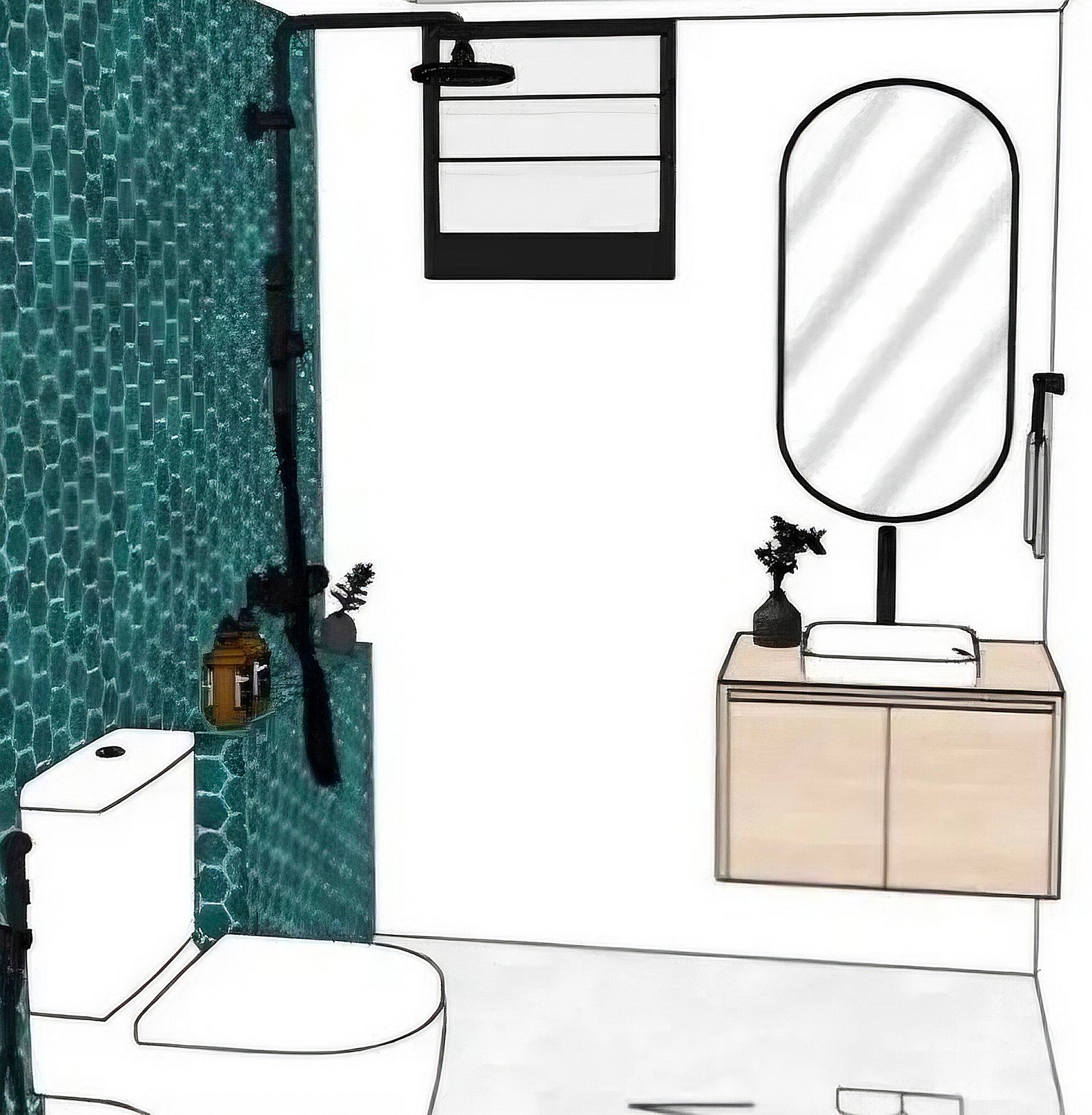 Konsep — Kamar mandi · aksen hijau Kemang Village